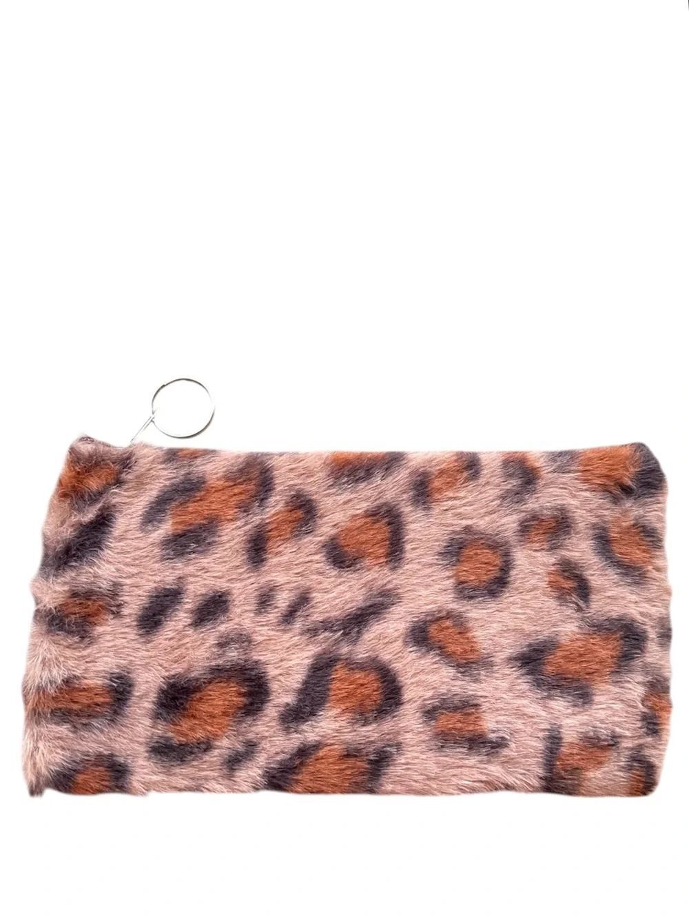 Brown Leopard Print Faux Fur Wristlet Clutch